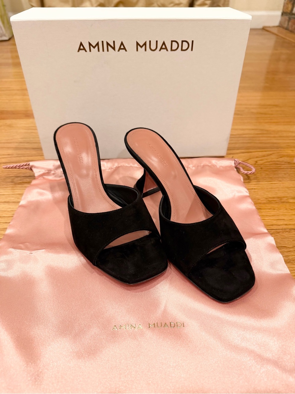 AMINA MUADDI Lupita Slipper 70 Black Suede Mule Sandals Heels 39.5 - Picture 2 of 11